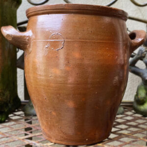 Antieke Franse grespot met handvatten okergeel geglazuurd aardewerk| Antique French ochre‑yellow glazed stoneware pot with handles – 19th cent