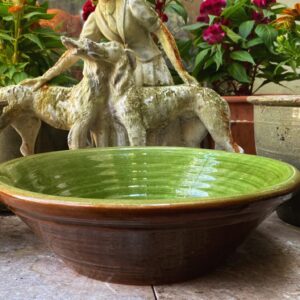 Antique brown confit bowl with green interior glaze (1) Antieke bruine gresale confit schaal | Antique brown confit bowl with green interior glaze, 19th C