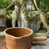 Antique handmade terracotta saucepan with spout – ochre‑brown glazed earthenware, ca. 1950 (1) Antieke handgemaakte terracotta steelpan met tuit – okerbruin geglazuurd aardewerk, Antique handmade terracotta saucepan with spout – ochre‑brown glazed earthenware, ca. 1950