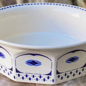 Octagonal Art Deco wash basin, 1930s (10) Achthoekige Art Deco waskom met blauwe geometrische print | Octagonal Art Deco wash basin, 1930s