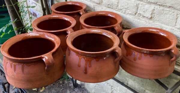 Set of 6 French glazed stoneware terracotta cooking pots – (10) Franse geglazuurde gres terracotta kookpot – 19e tot begin 20e eeuw | French glazed stoneware terracotta cooking pot – early 20th century