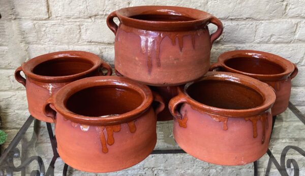Set of 6 French glazed stoneware terracotta cooking pots – (11) Franse geglazuurde gres terracotta kookpot – 19e tot begin 20e eeuw | French glazed stoneware terracotta cooking pot – early 20th century