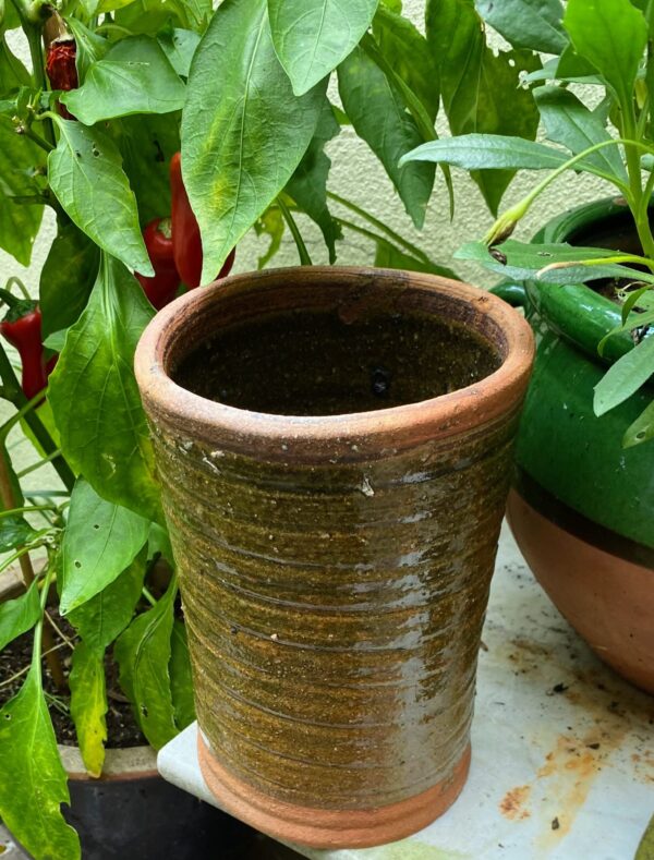 ​Vintage groene cilindervaas | Green ceramic cylinder vase, Germany ca. 1970
