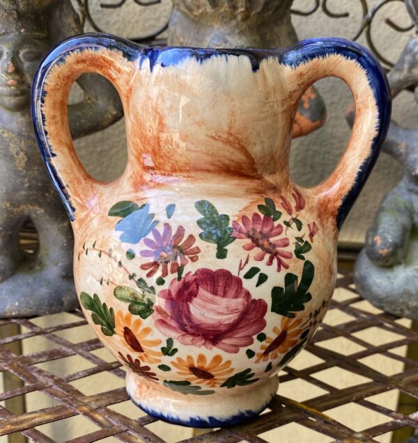 Vintage majolica bulb vase signed Robbia with blue handles and floral décor