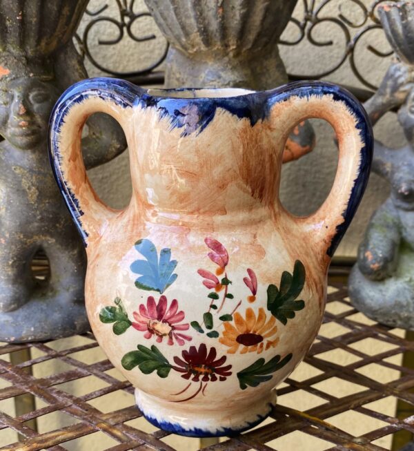 Vintage majolica bulb vase signed Robbia with blue handles and floral décor