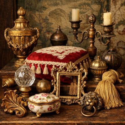 Antiek Boudoirkussen – Oranjerood Fluweel met Richelieu‑borduurwerk, ca. 1900–1920