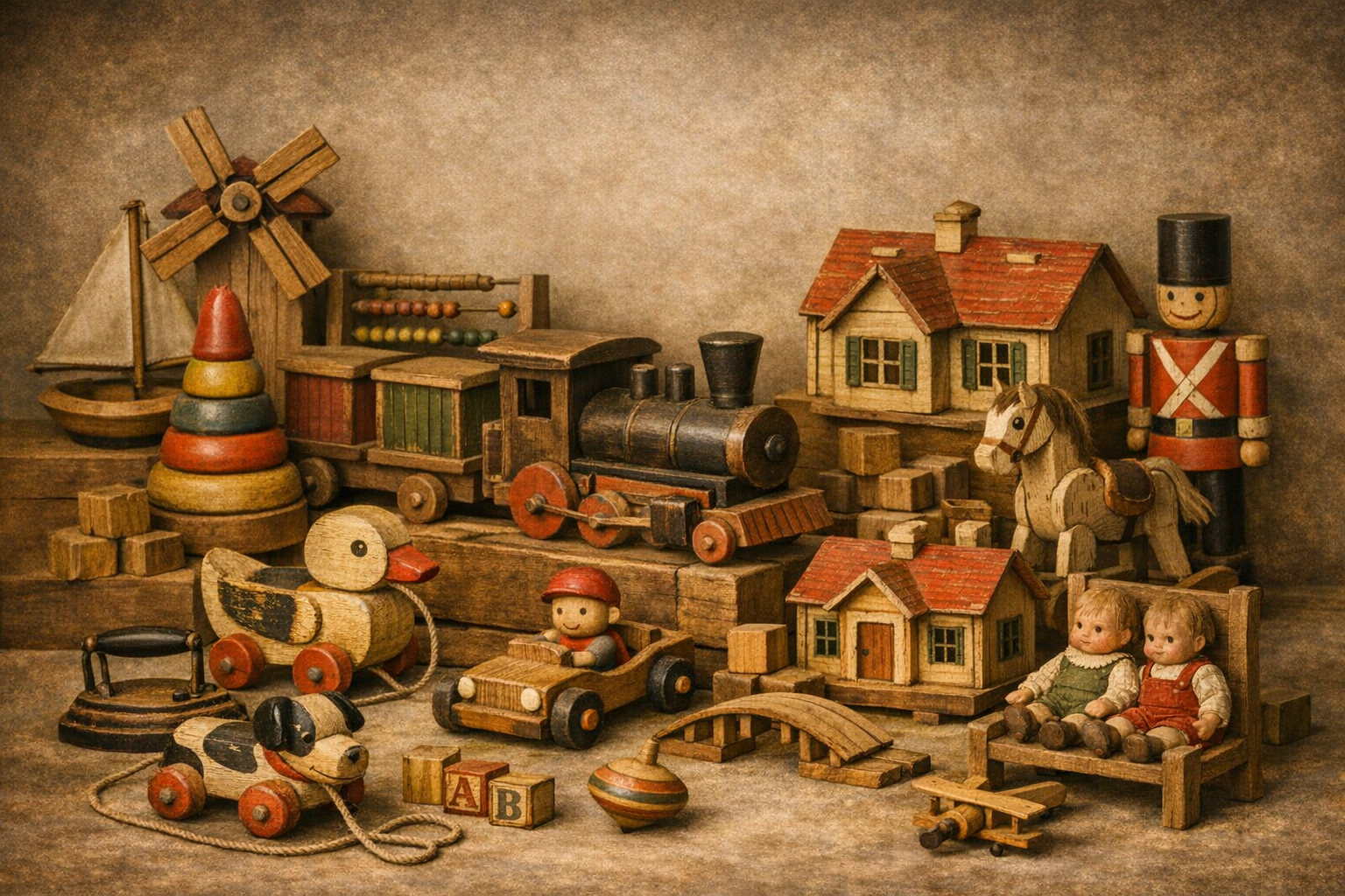 wooden-toys Charmant retro houten trekfiguurtje varkentje met xylofoon