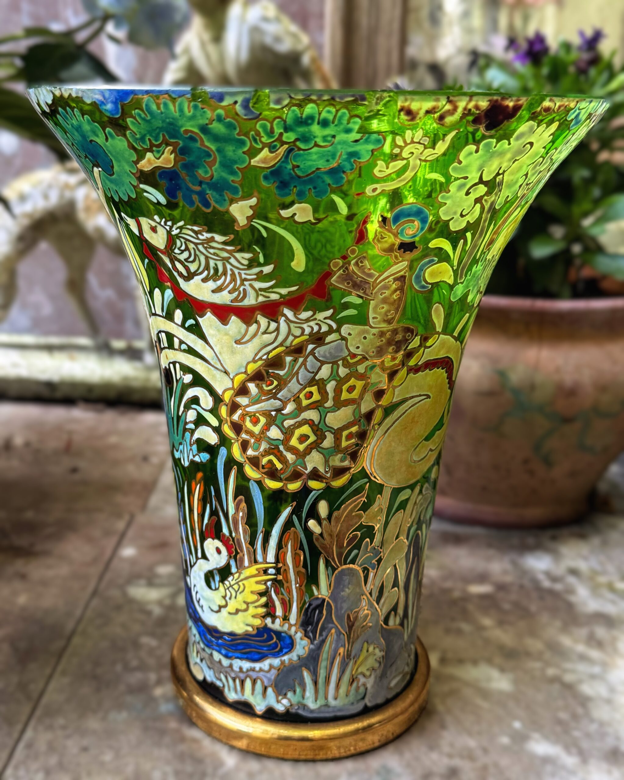 5250159662.jpg Art Deco glazen vaas – geëmailleerde figuratieve decoratie naar José Cire Royo, ca. 1950–1974