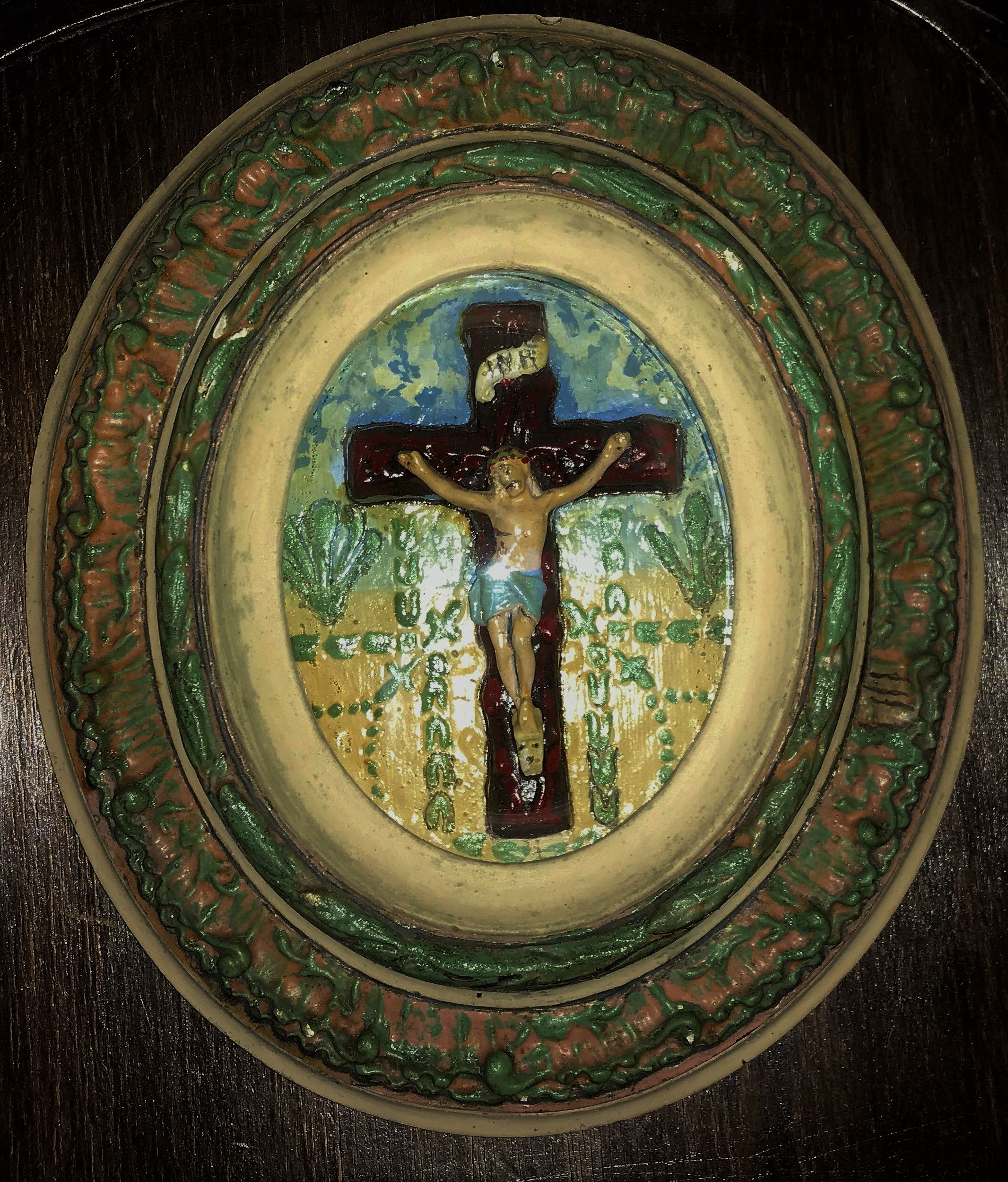 5292717047.jpg Dubbel Ovaal Kruisbeeld met Bol Glas – Volksdevotie ca. 1900