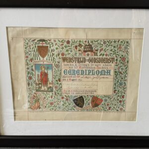 Antiek erediploma godsdienstonderricht (1891) – neogotische oorkonde gedrukt in Brugge door Van de Vyvere–Petyt