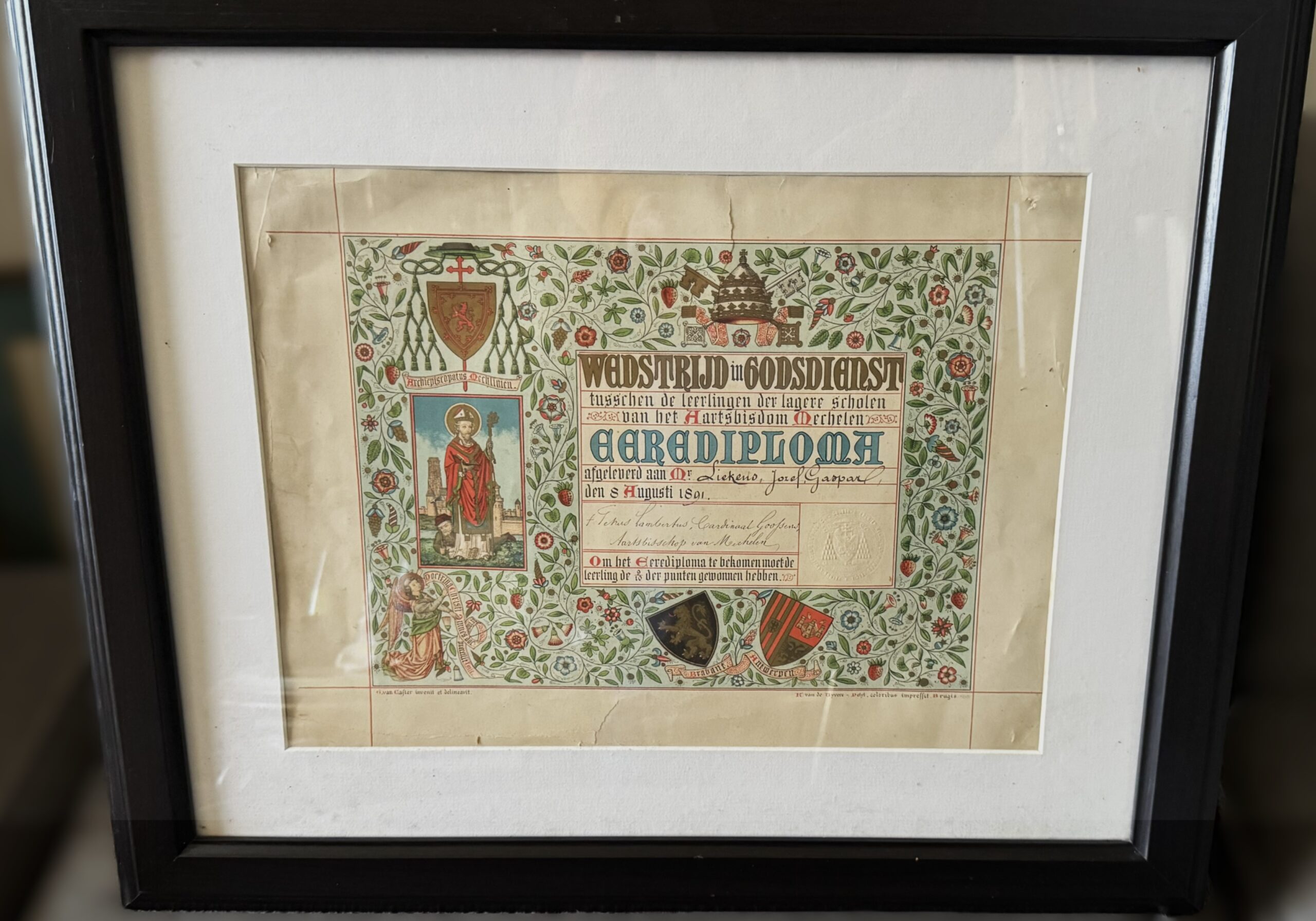 Antiek erediploma godsdienstonderricht (1891) – neogotische oorkonde gedrukt in Brugge door Van de Vyvere–Petyt