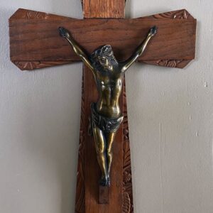5305507340.jpg Antiek Art Deco Houten wandkruisbeeld met gegoten massief bronzen corpus van Christus – ca. 1920