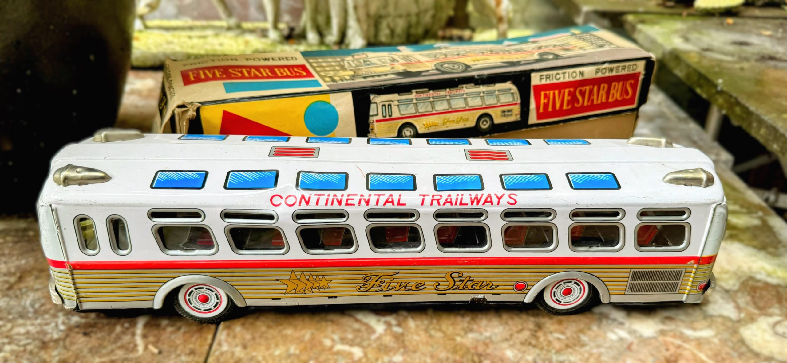 5305510915.jpg Zeldzame vintage Speelgoedbus "Continental Trailways Five Star" in originele doos – ATD Japan jaren 1950/60