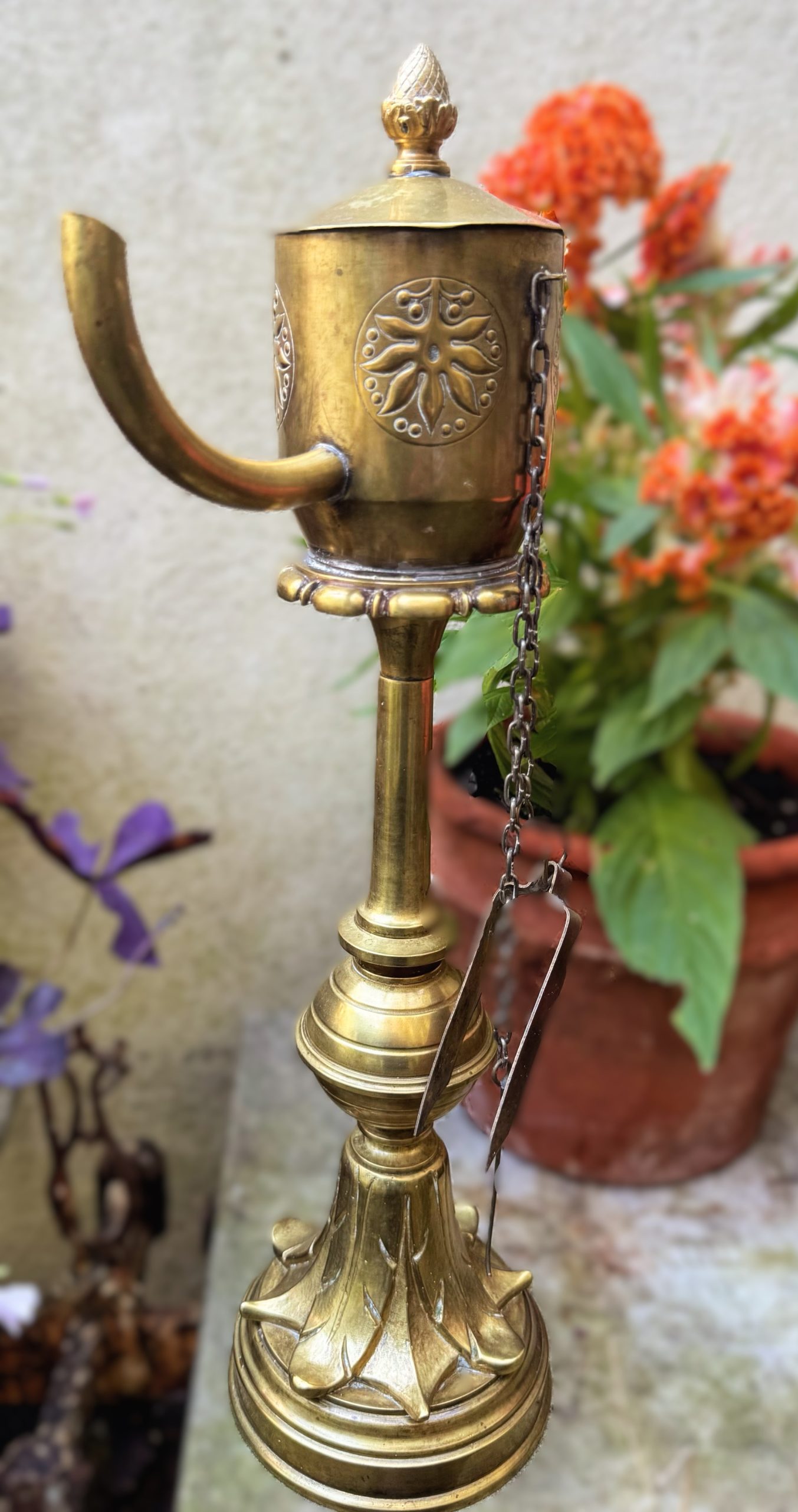 Zeldzame antieke ornamentale messing " snotneus" tafelolielamp - 19e eeuw