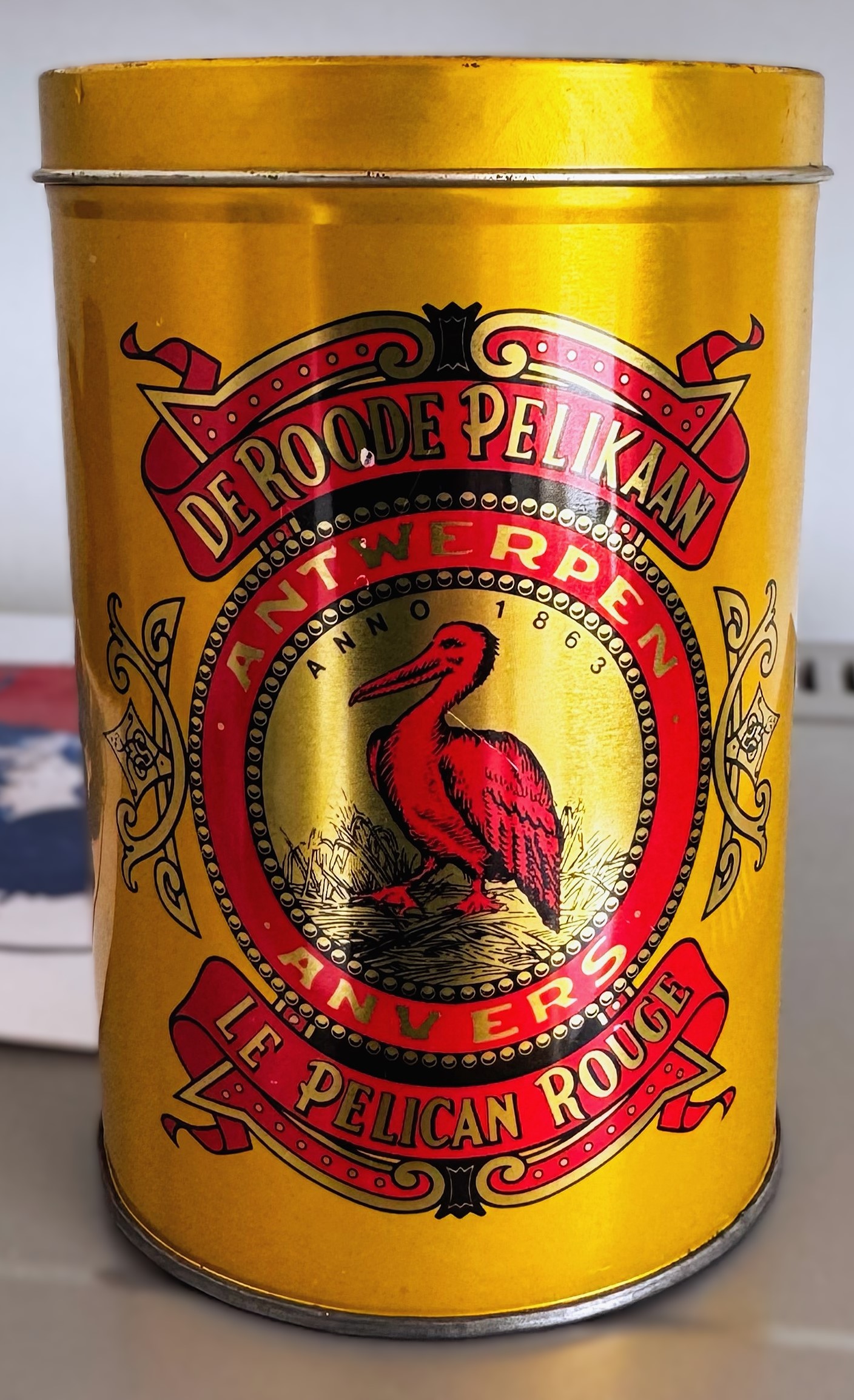5305512114.jpg Vintage zeldzaam geel Koffieblik De Roode Pelikaan Antwerpen Le Pelican Rouge Anvers – jaren ’90