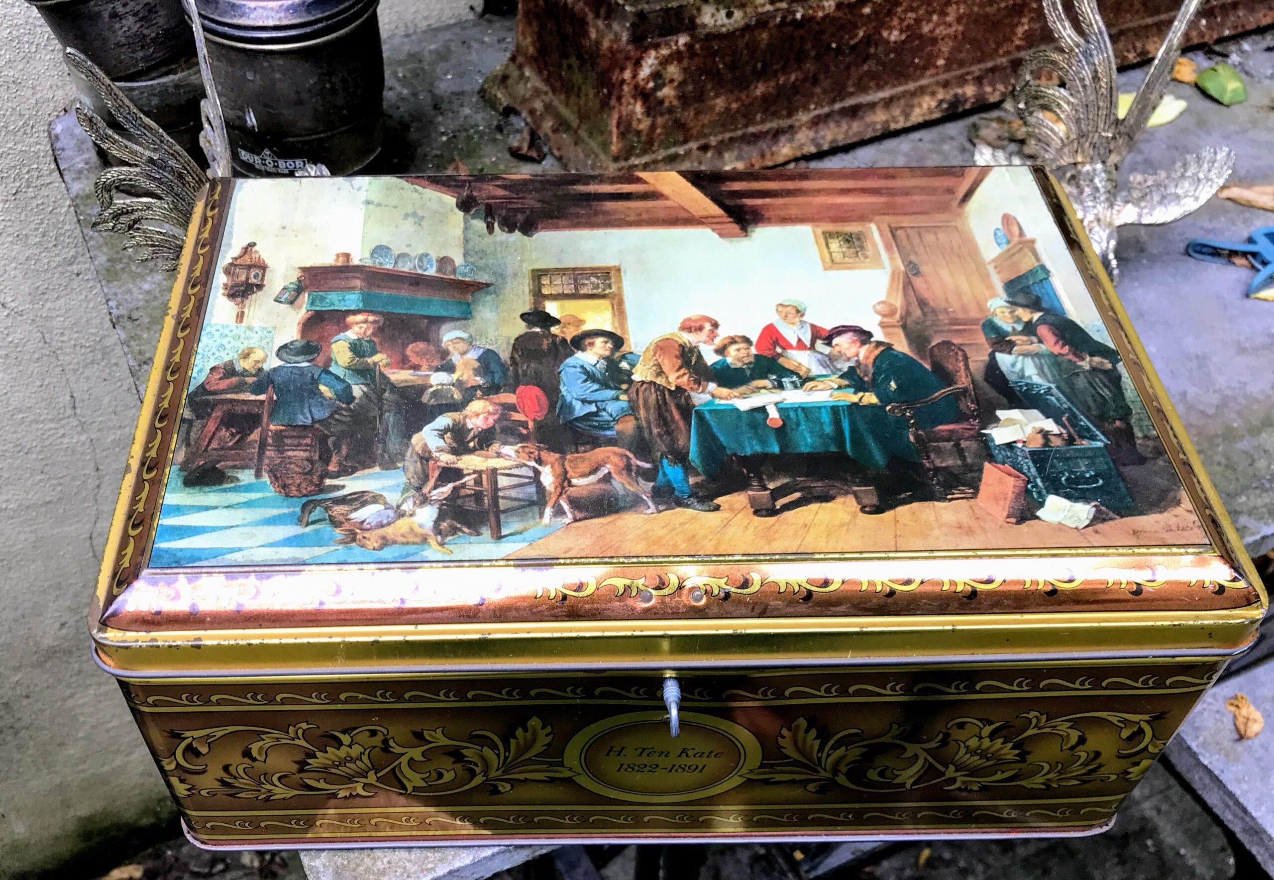 5305514080.jpg Oud blik met tafereel “Betaling van de pacht” – Genreschilderij van Herman Ten Kate, ca. 19de eeuw