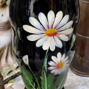 Zeldzame en Stijlvolle Booms Vaas – Zwart Hyalietglas met Handbeschilderd Margrietdecor uit de Jaren ’50