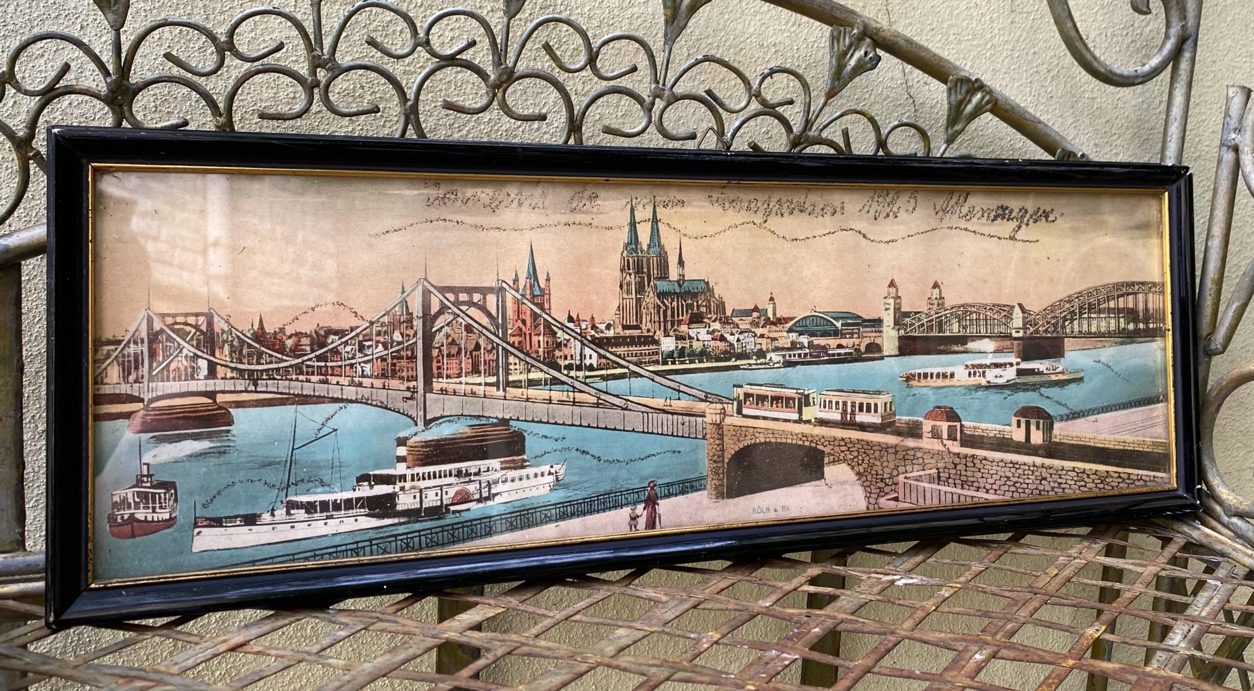 5305520550.jpg Ingekleurde Rheinpanorama lithografie ca. 1925 – Keulen met stoomschip Goethe