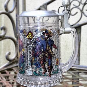 5339977027.jpg Vintage Duitse bierpul met tinnen deksel – Riddermotieven (ca. 1960–1970)