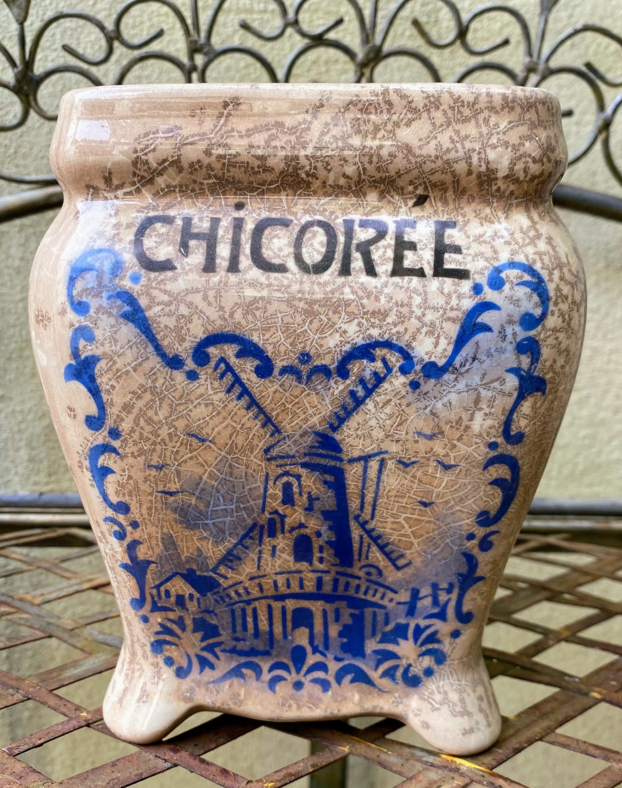 5393116628.jpg Antieke "Chicoree" voorraadpot in gekrakeleerd aardewerk