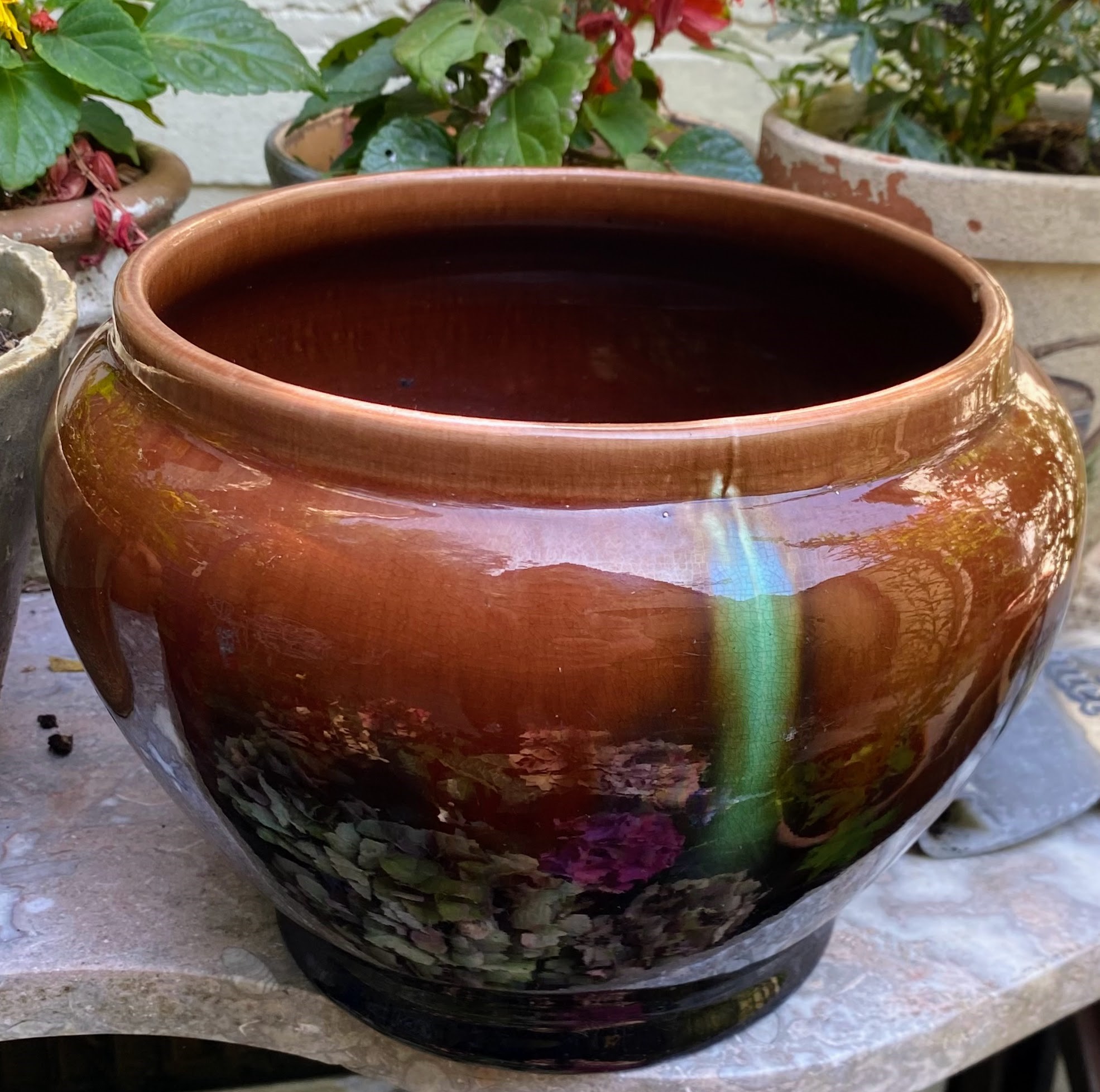 Vintage cache pot bruin en groen gevlamd Thulin