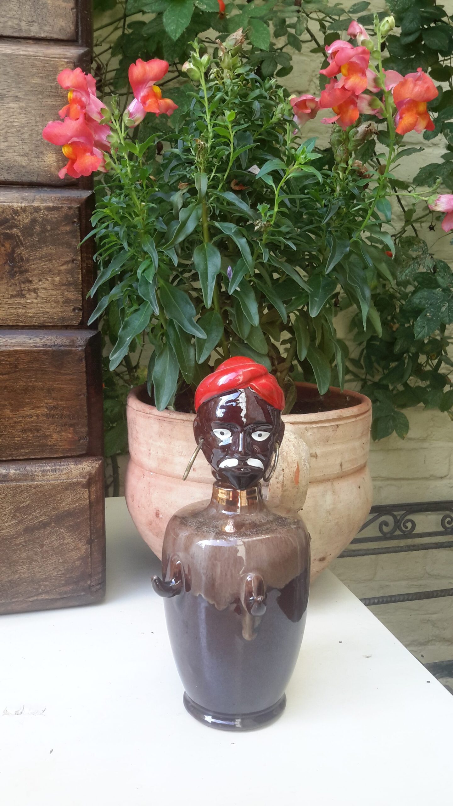 5393130175.jpg Vintage porseleinen decanter/drankfles in de vorm van een Afrikaanse man