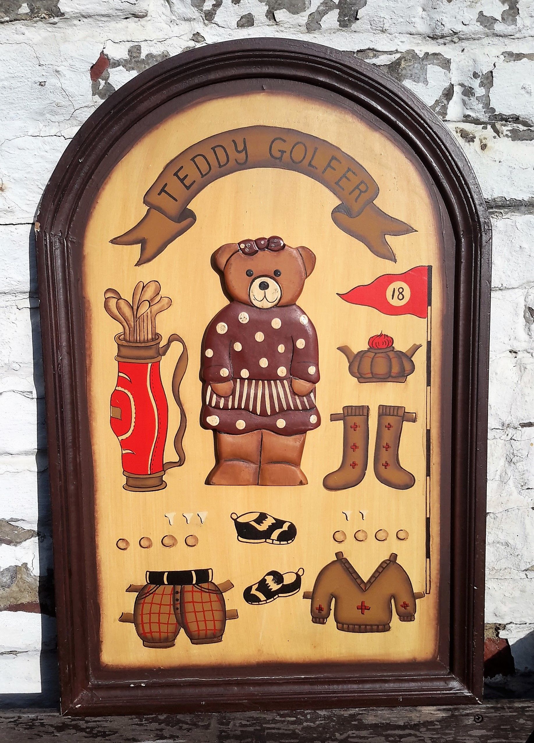 5393130850.jpg Teddy Golfer - Vintage Houten Wandbord 3D