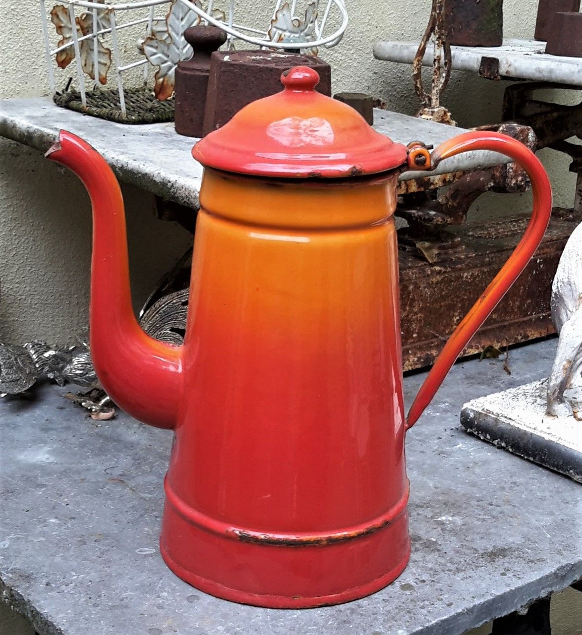 Franse vintage emaille koffie pot oranje/rood