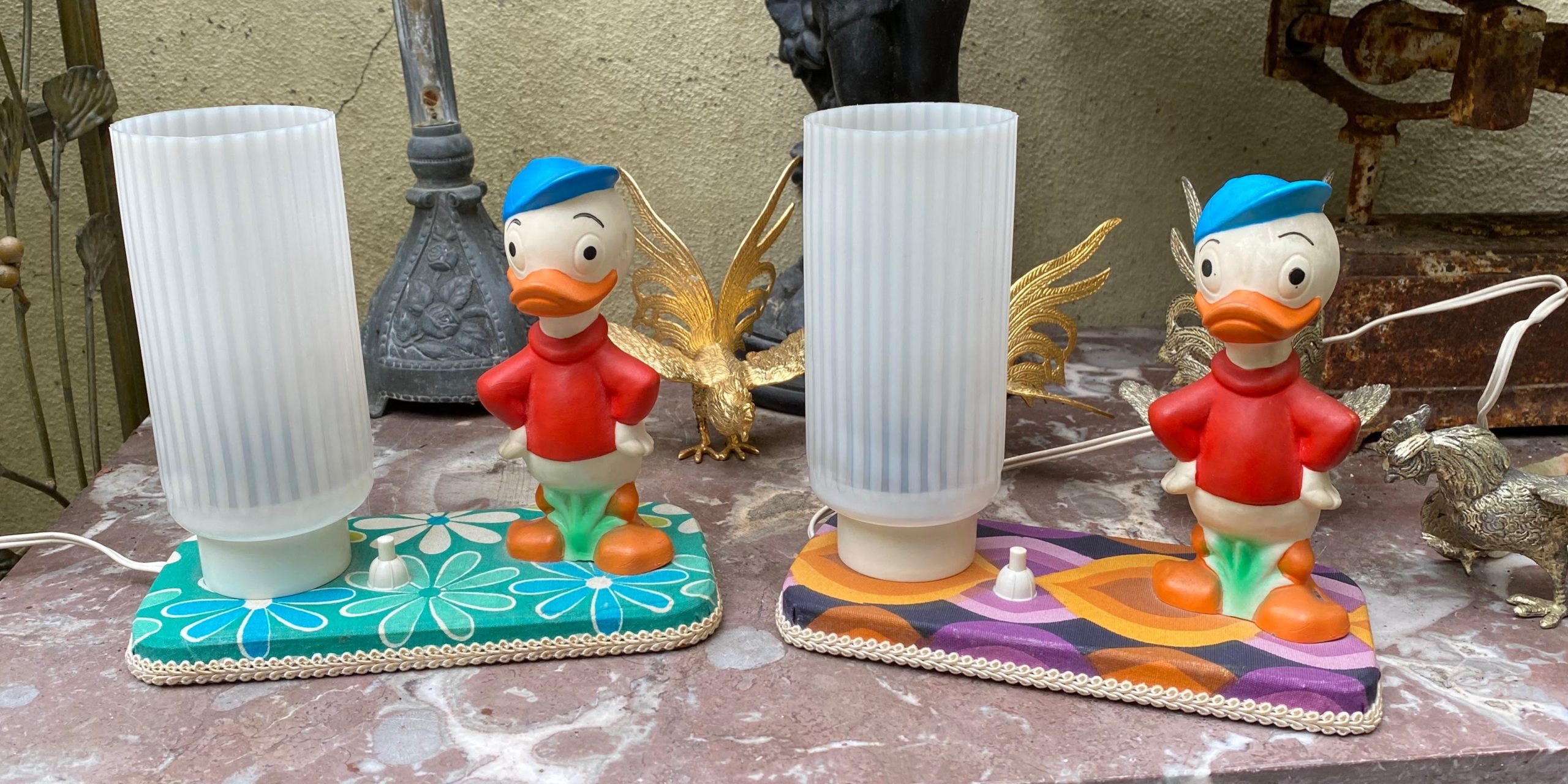 Zeldzaam! 2 jaren 50 Donald Duck lampjes voor op nachtkastje