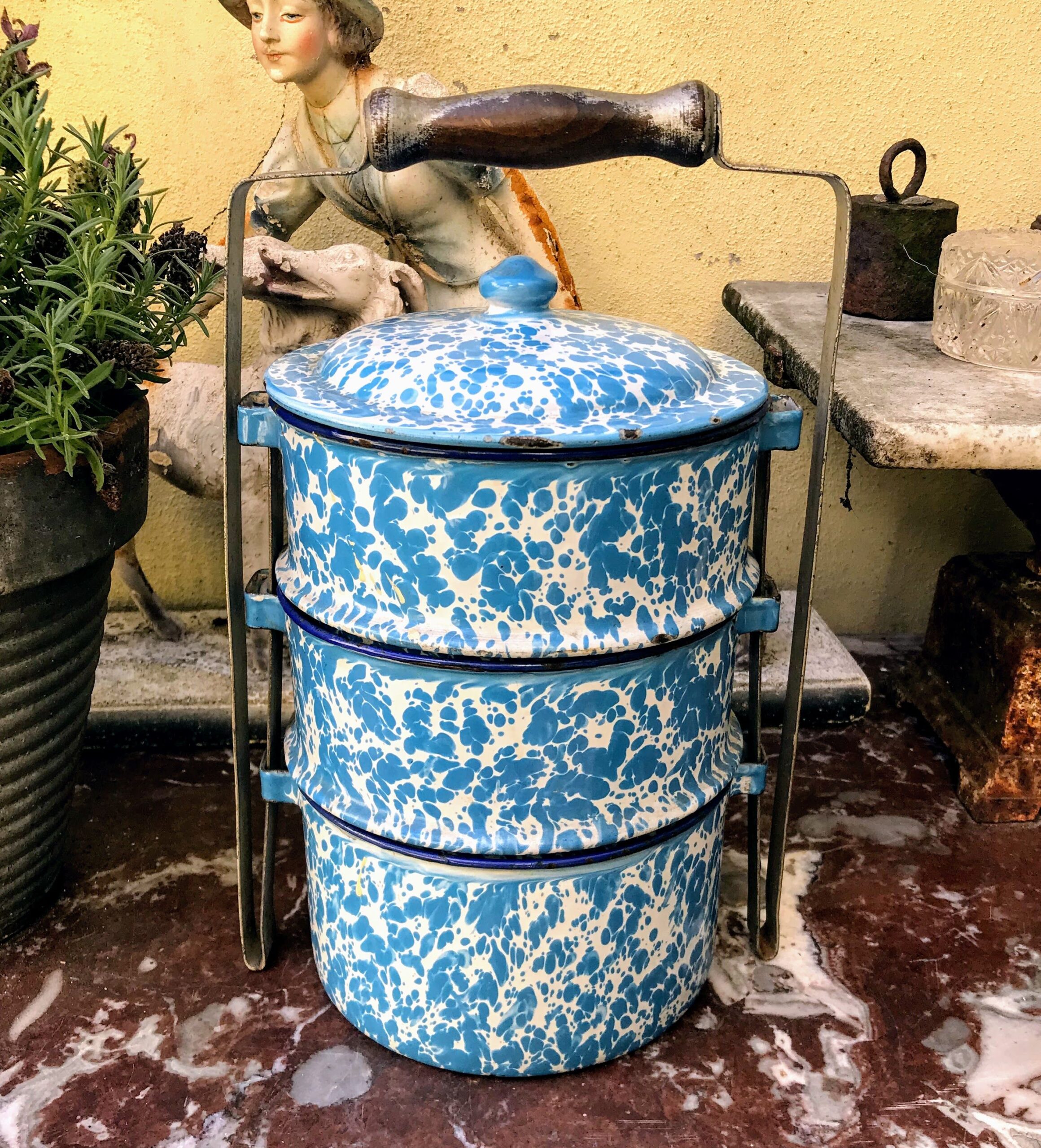 Vintage geëmailleerde Rantang met 3 pannetjes