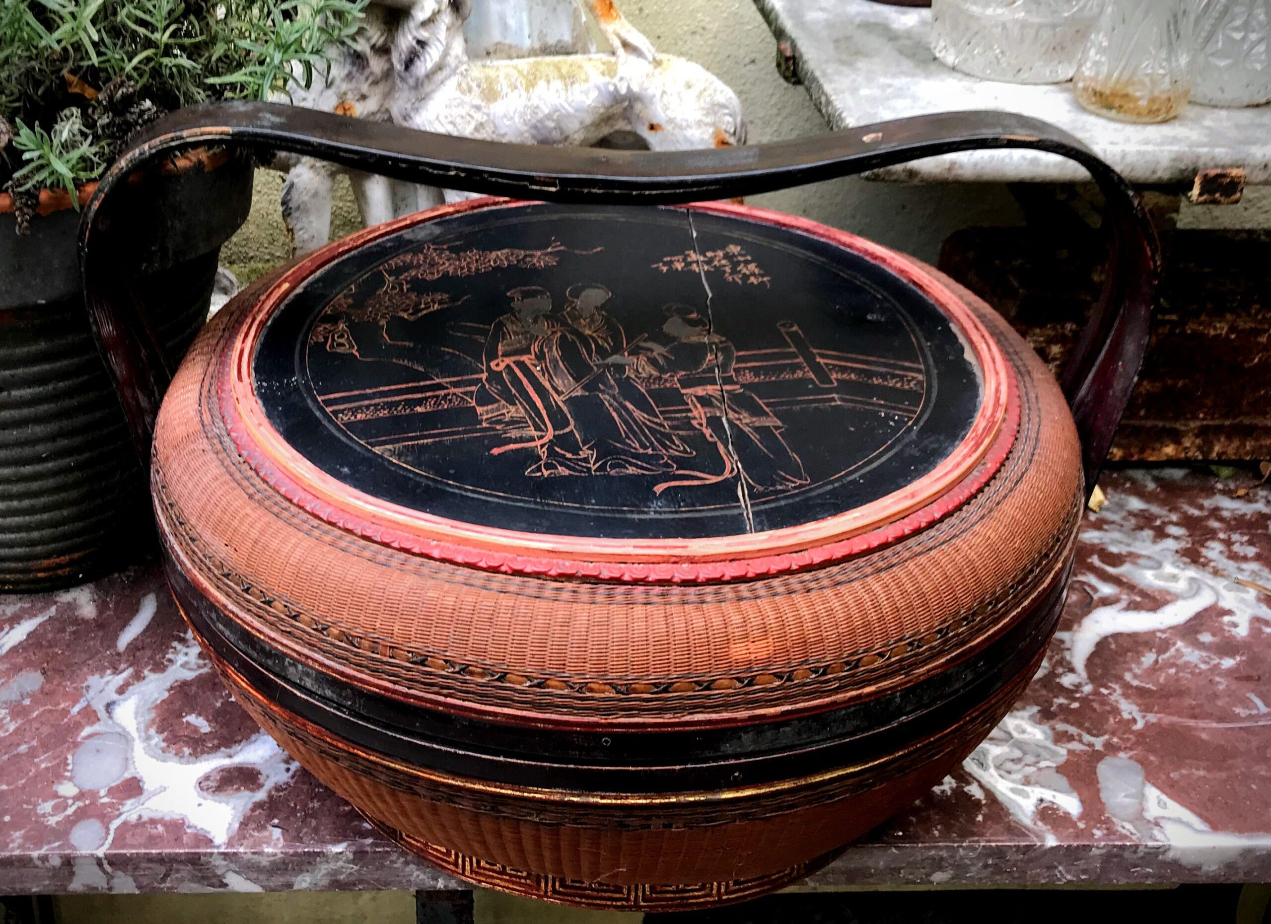 5393153183.jpg Antieke Bamboe mand met deksel en Handvat- China - 19e eeuw
