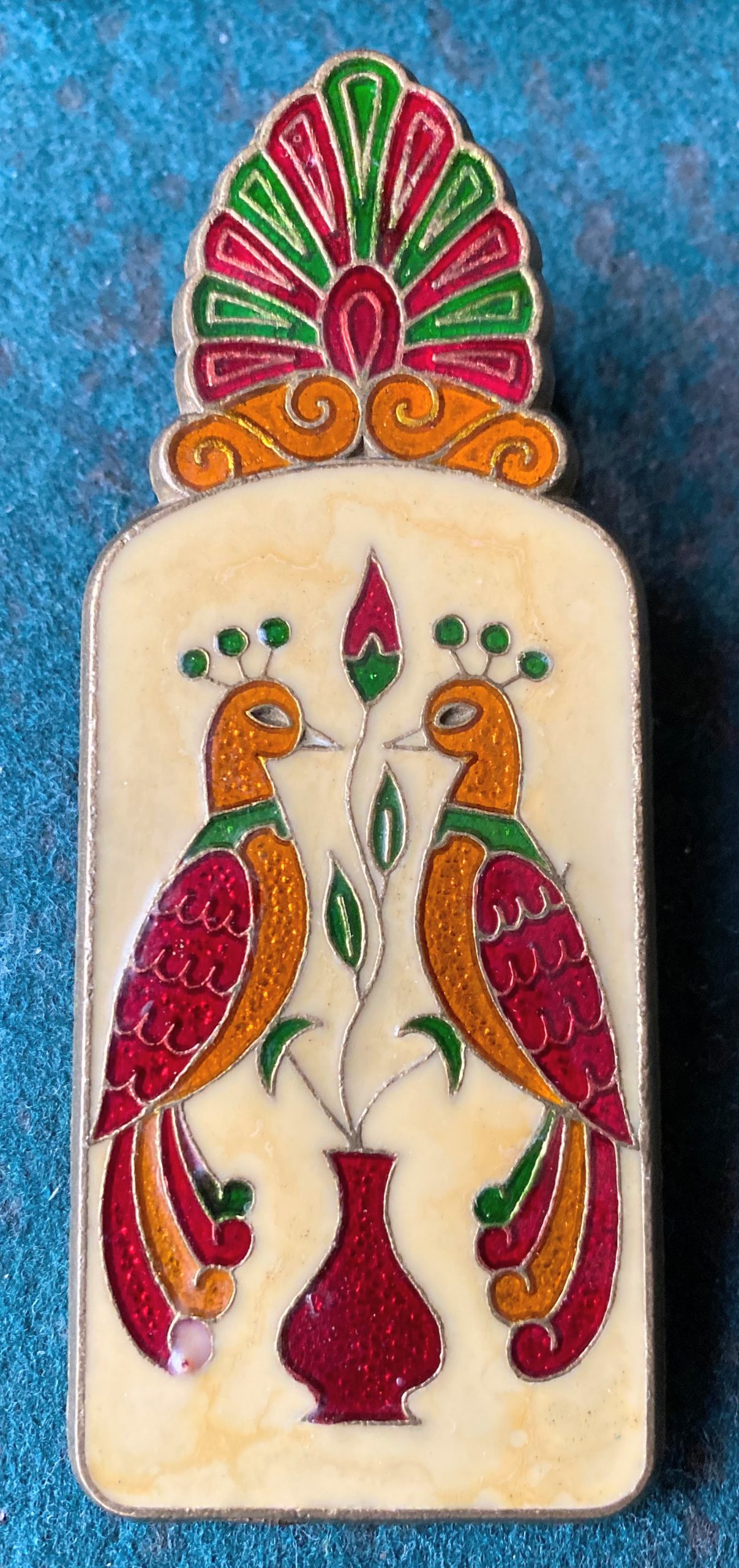 5393154247.jpg Vintage Griekse cloisonne papierklem met pauwen