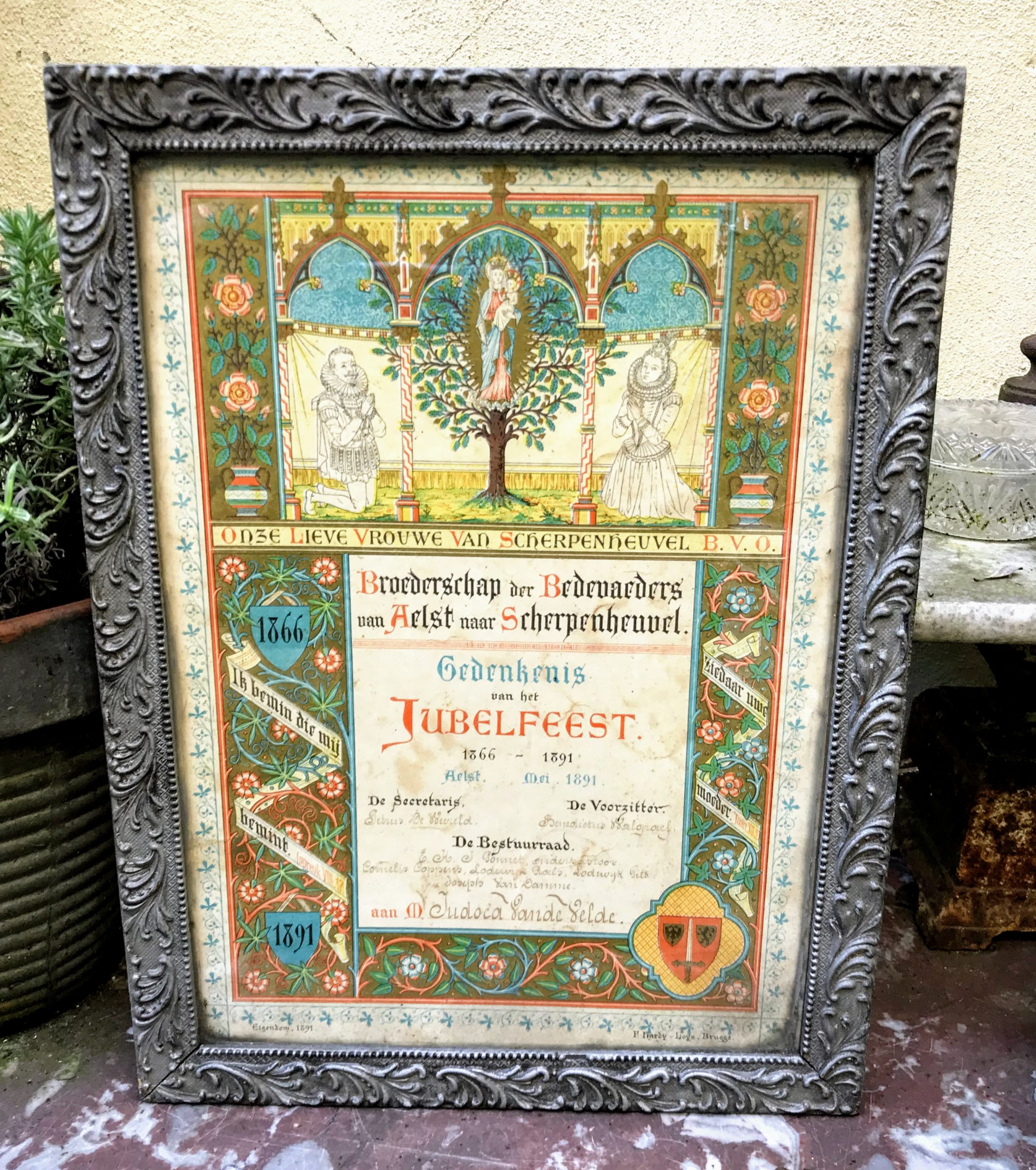Antiek ingekaderde "Gedenkenis Van het Jubelfeest Bedevaerders uit Aelst" mei1891 gedrukt door F.Hardy Lois Brugge