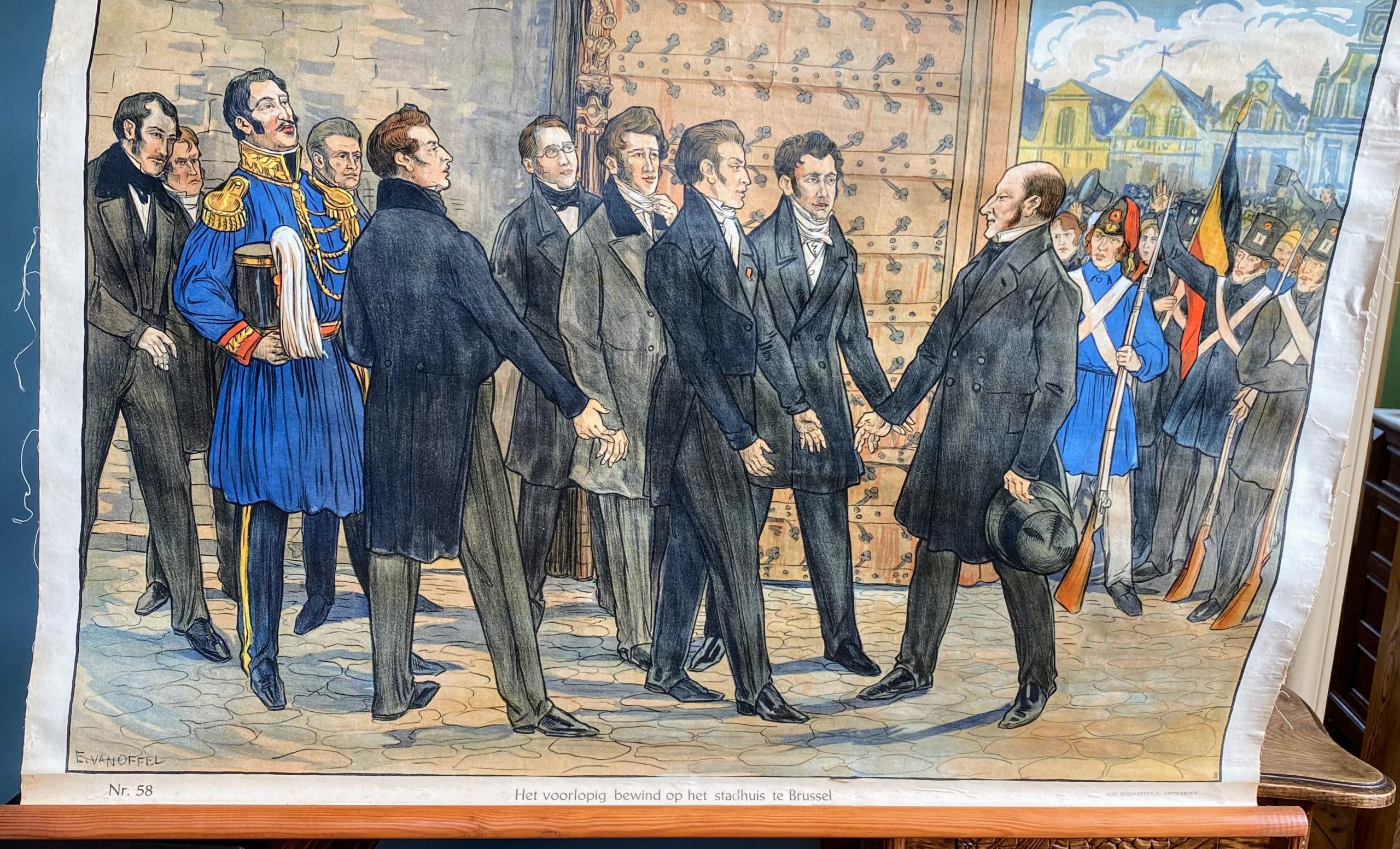 5393168099.jpg Educatieve Oude linnen schoolplaat nr 58: Het voorlopig bewind op het stadhuis te Brussel