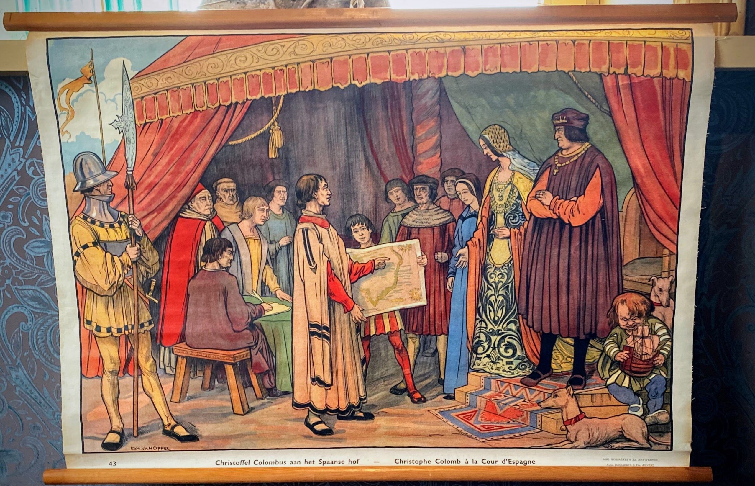 5458889681.jpg Christoffel Columbus aan het Spaanse hof – Educatieve linnen schoolplaat nr 43 (1925–1931)