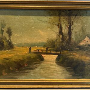 5582780704.jpg Olieverfschilderij op Houten Paneel – Landelijk Brugtafereel – A. Lisellé (ca. 1930–1950)