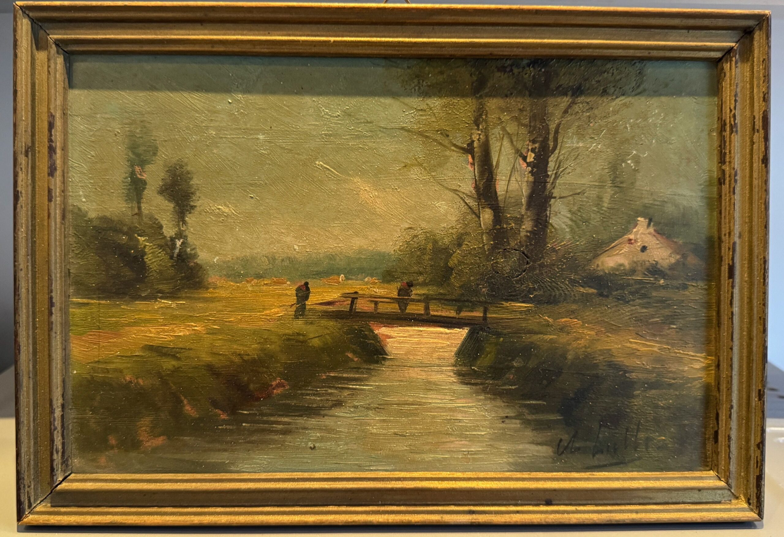 5582780704.jpg Olieverfschilderij op Houten Paneel – Landelijk Brugtafereel – A. Lisellé (ca. 1930–1950)