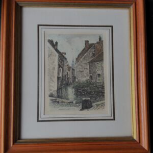 Authentieke taille‑douce kopergravure “Hesdin – L’Abreuvoir” van Léopold Robin (ca. 1930–1950)