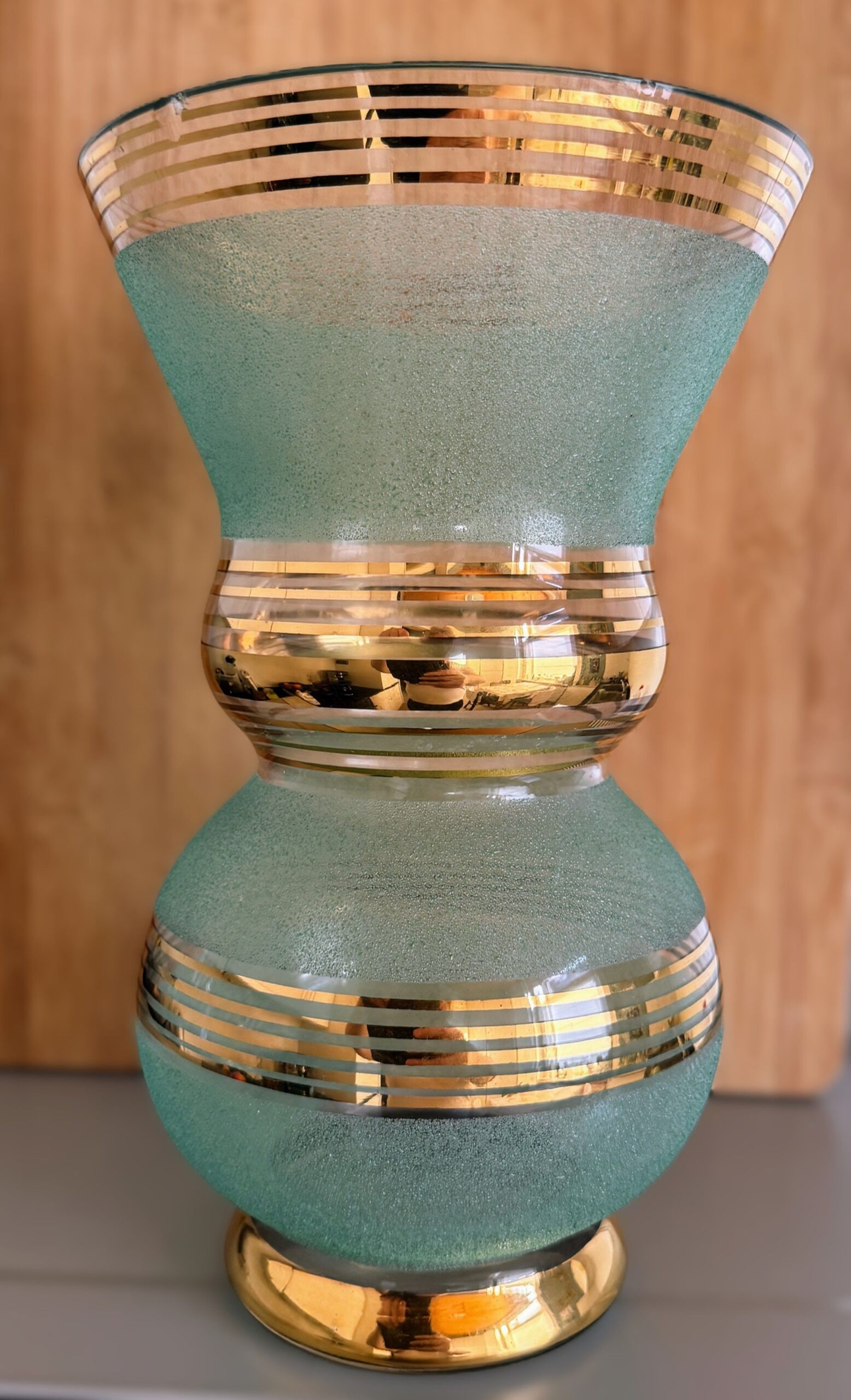 5594475077.jpg Turquoise-groene Booms "suikerglazen" vaas met vergulde banden – ca. 1950