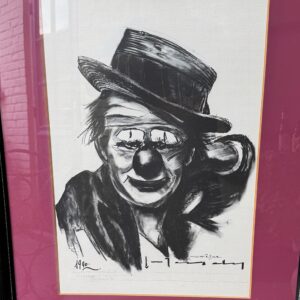 Zwart‑wit penseeltekening van clown – Gesigneerd Mauriske - 1990