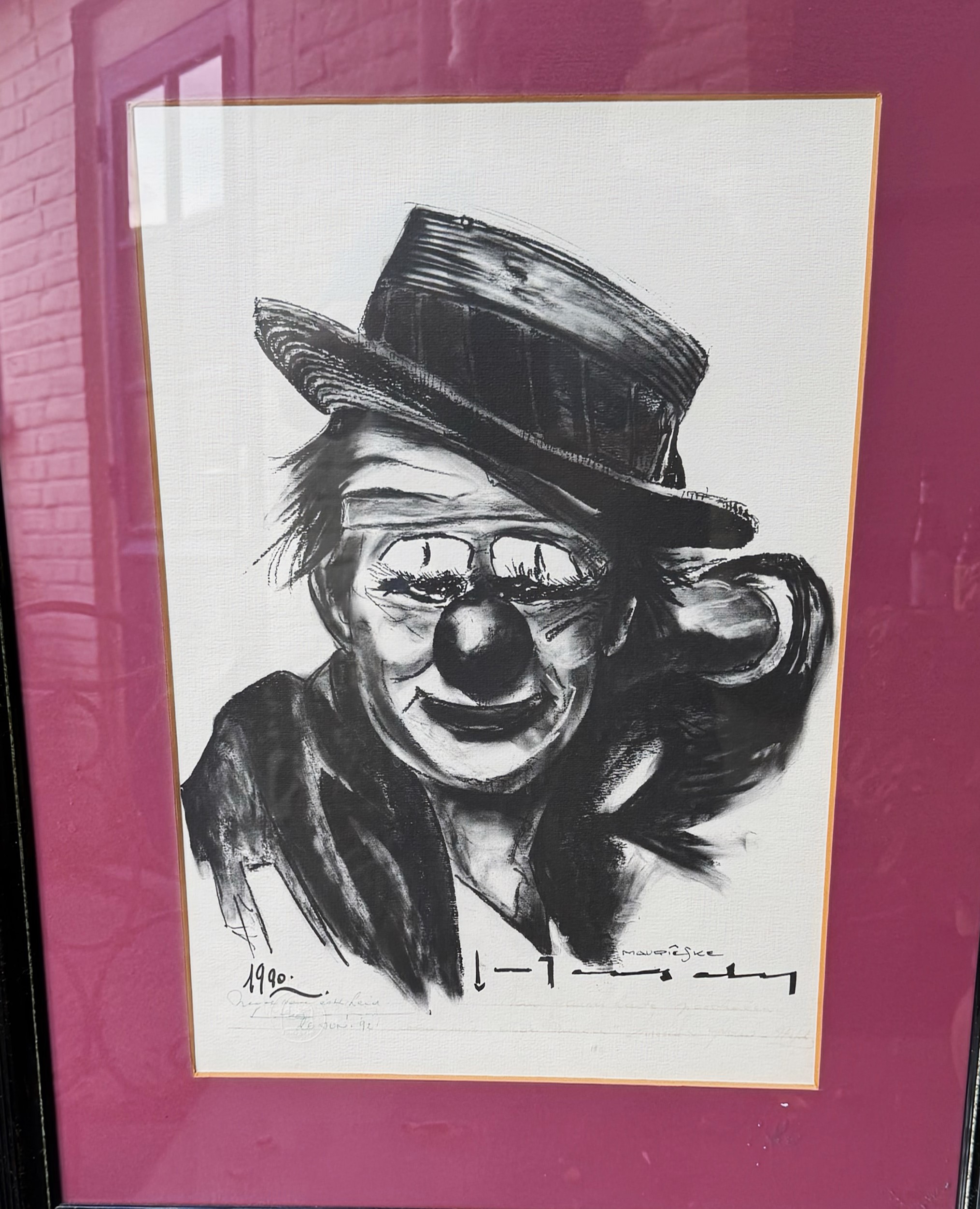 Zwart‑wit penseeltekening van clown – Gesigneerd Mauriske - 1990