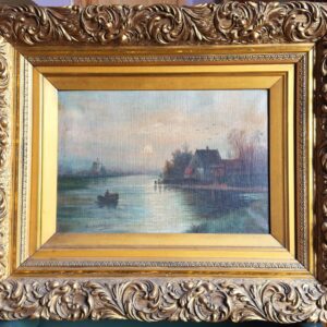 Olieverfschilderij – Rivierlandschap bij avondlicht door N. Dingemans – ca. 1900