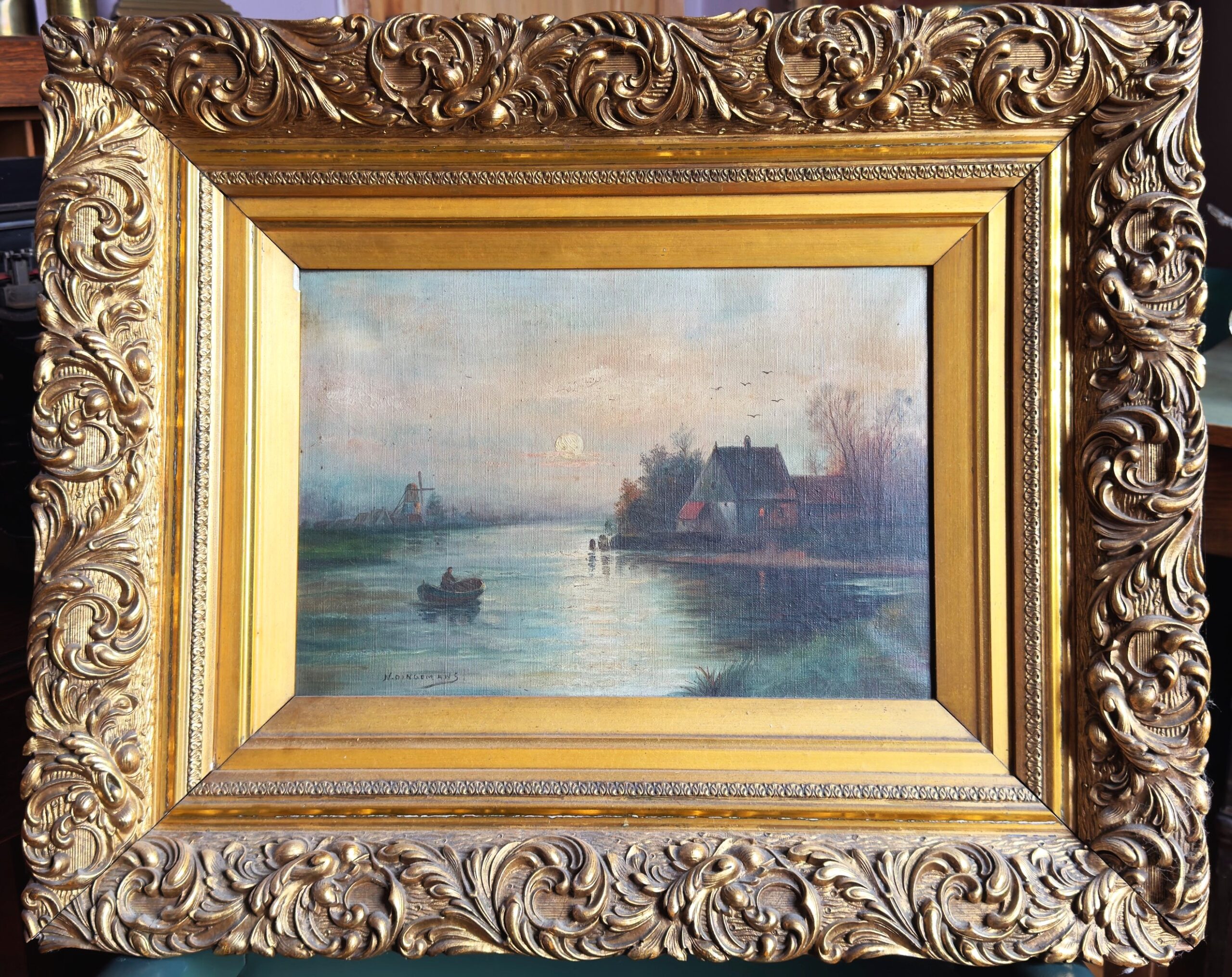 5724138635.jpg Olieverfschilderij – Rivierlandschap bij avondlicht door N. Dingemans – ca. 1900