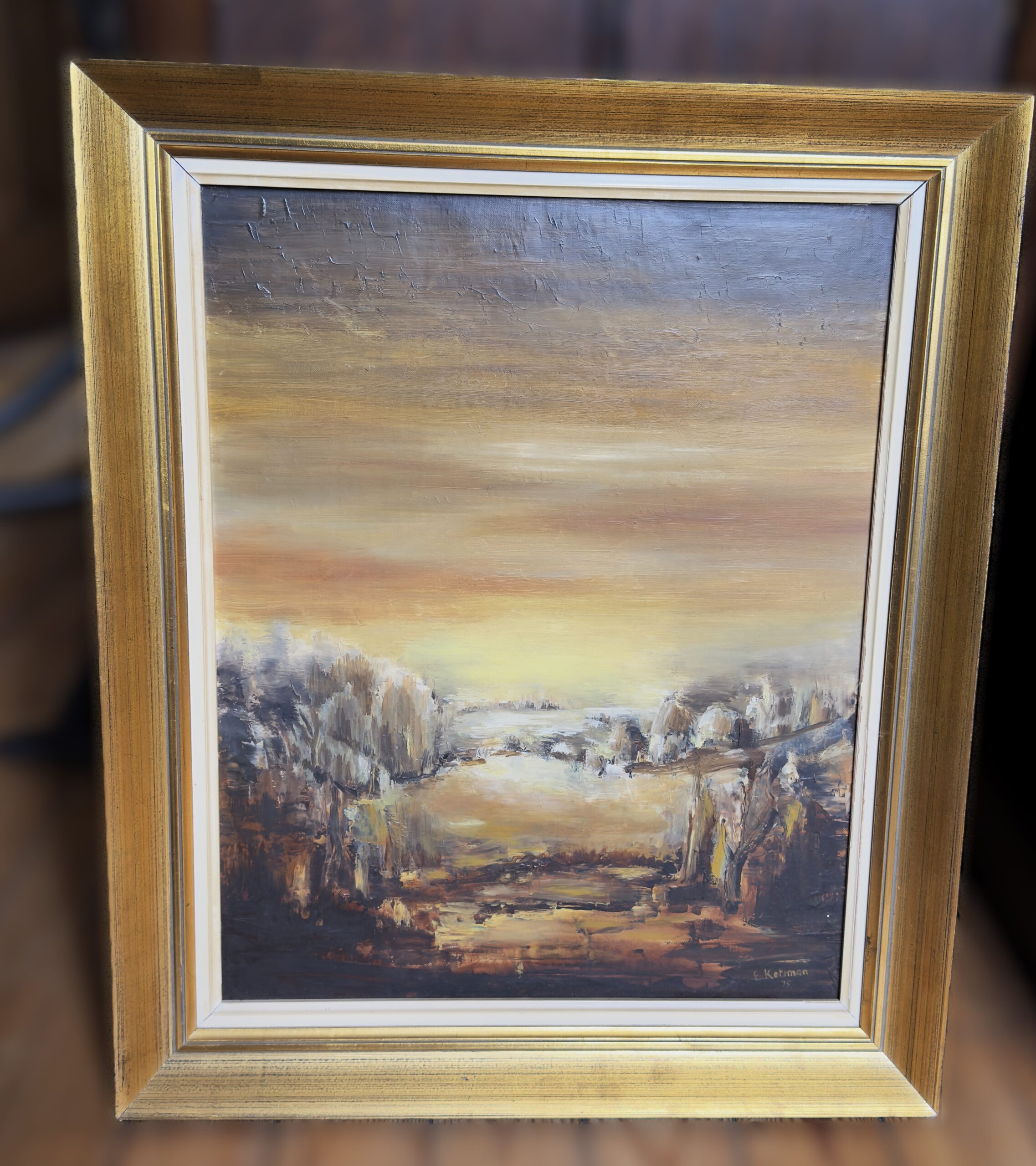 Olieverfschilderij van E. Ketsman – Luministisch Abstract Landschap met Impasto (1974)