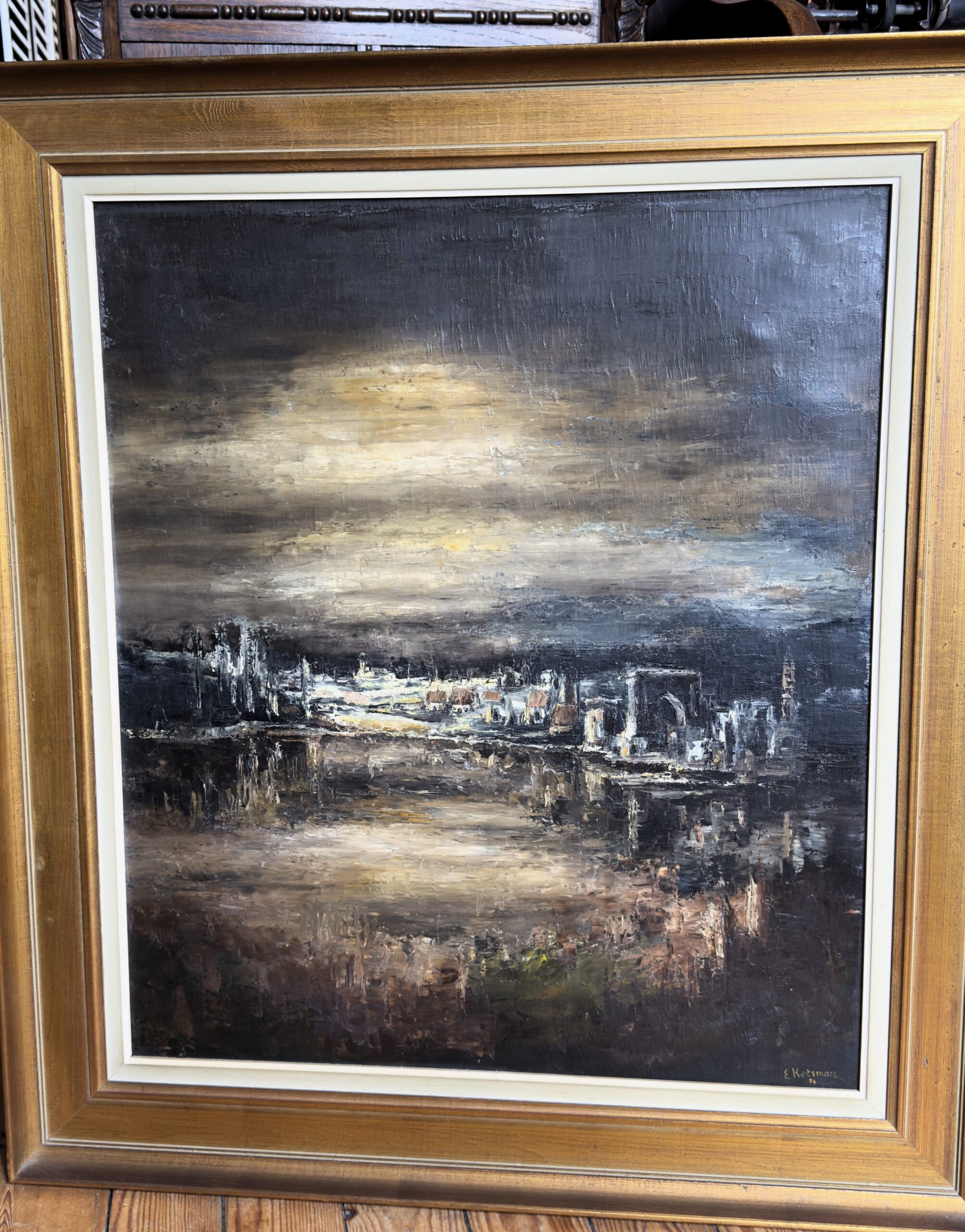 5728683788.jpg Olieverfschilderij van E. Ketsman – Expressionistisch Stadsgezicht met Impasto (1974)