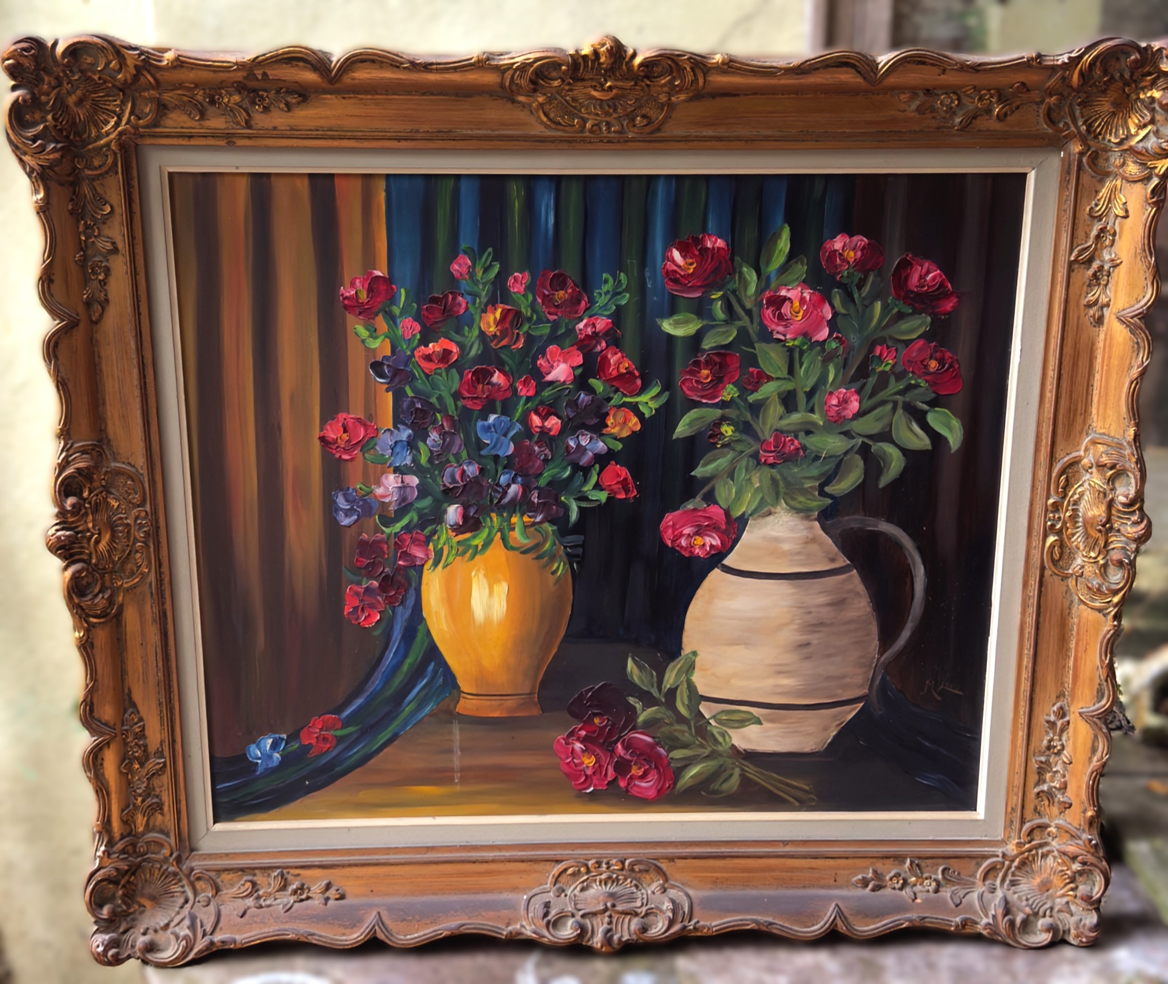 Expressief Dubbel Bloemstilleven van M. Levis in Baroklijst (ca. 1950)
