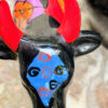 Vintage veelkleurig keramisch stierenbeeld met Halloweenmotieven – Colourful ceramic bull sculpture with Halloween motifs – ca. 2000
