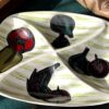 Elegant ceramic aperitif dish with fruit and vegetable décor – mid‑20th century (1) Elegante aperitiefschaal keramiek met fruit‑ en groentedecor | Elegant ceramic aperitif dish with fruit and vegetable décor – mid‑20th century