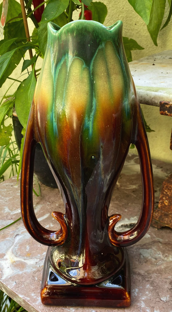 Prachtige Faience de Thulin druipglazuur vaas met oren – Exquisite Faience de Thulin drip glaze vase with handles – ca. 1890–1920