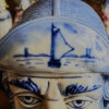 Vintage Delfts blauwe tabakspot met pijprokende visserskop – Vintage Delft Blue tobacco jar with smoking fisherman – 1950s